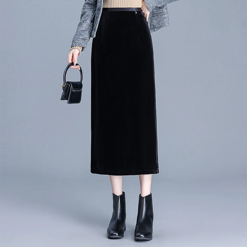 金丝绒半身裙女秋冬中长款2024新款高腰显瘦开叉一步裙包臀裙子
