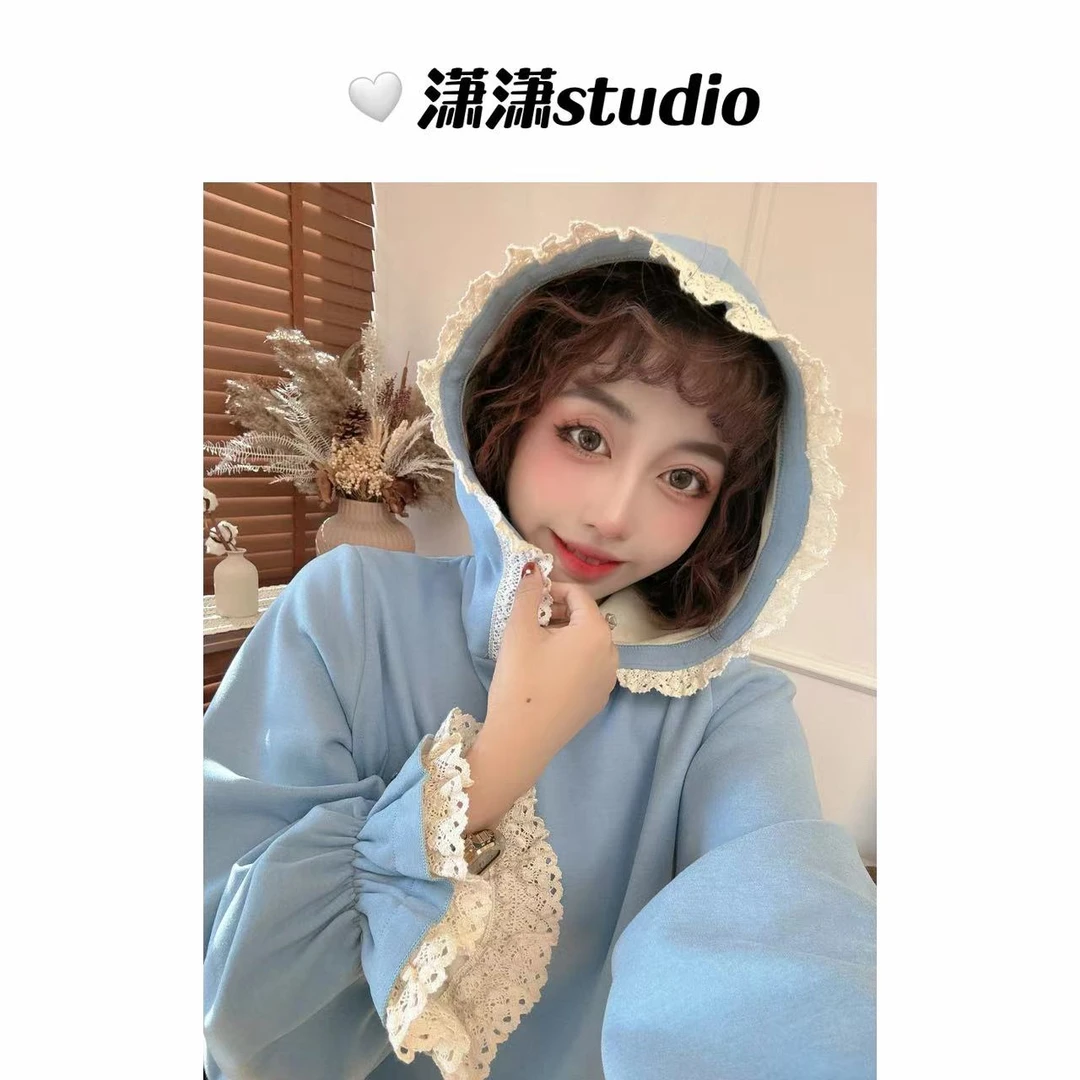 【洋娃娃】【带胸针】潇潇刺绣花边洋娃娃即视感泡泡袖加绒卫衣XM0962