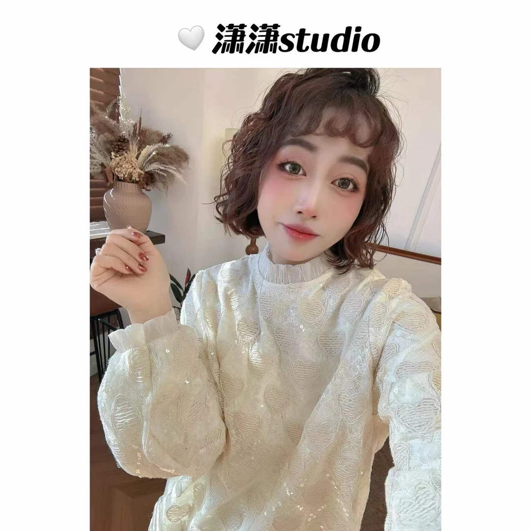 【闪耀之心】潇潇高定亮片面料闪亮亮爱心绣花韩系百搭衬衣XM0982