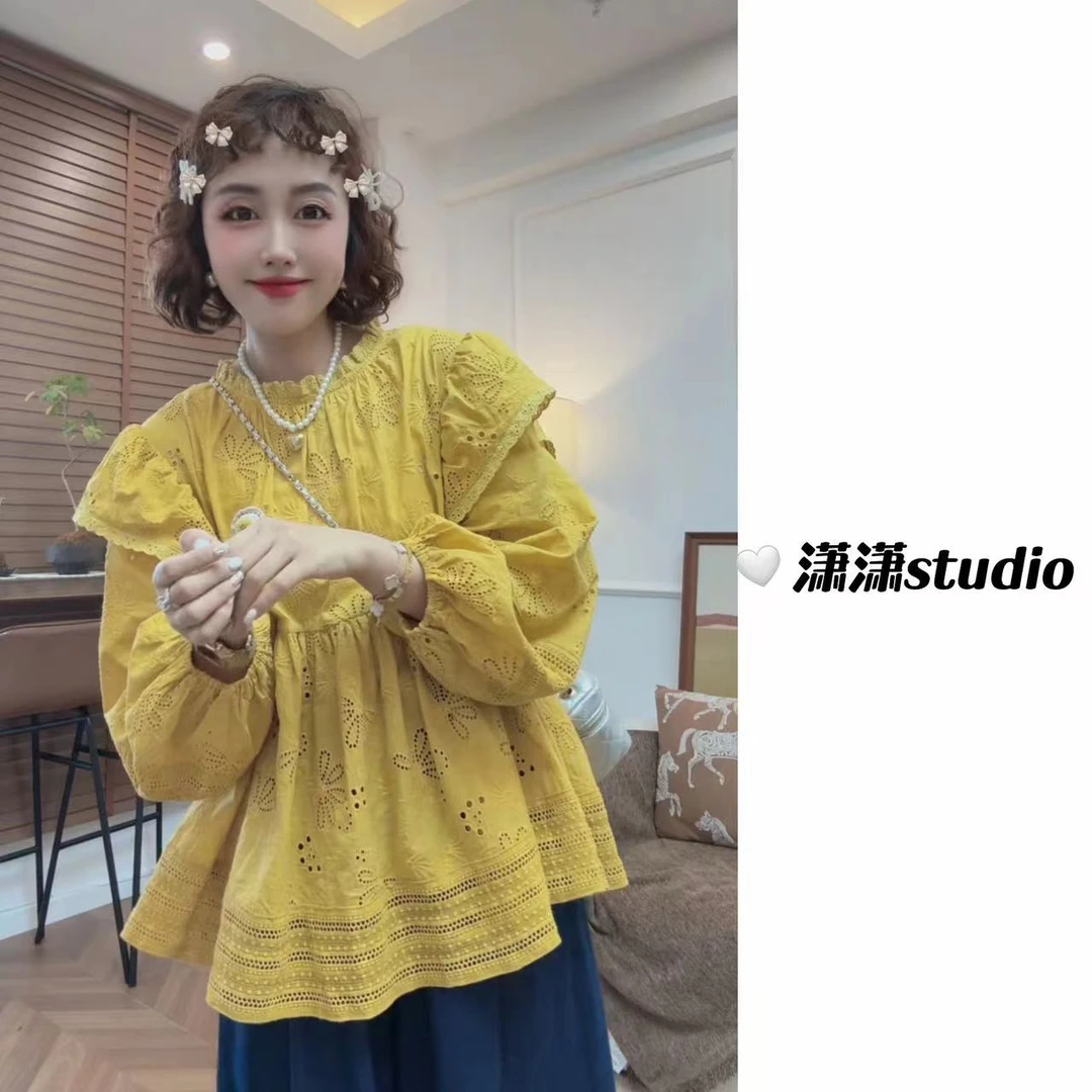 【黄玫瑰】潇潇自制刺绣镂空面料特色非边泡泡袖大版型衬衣XS2203
