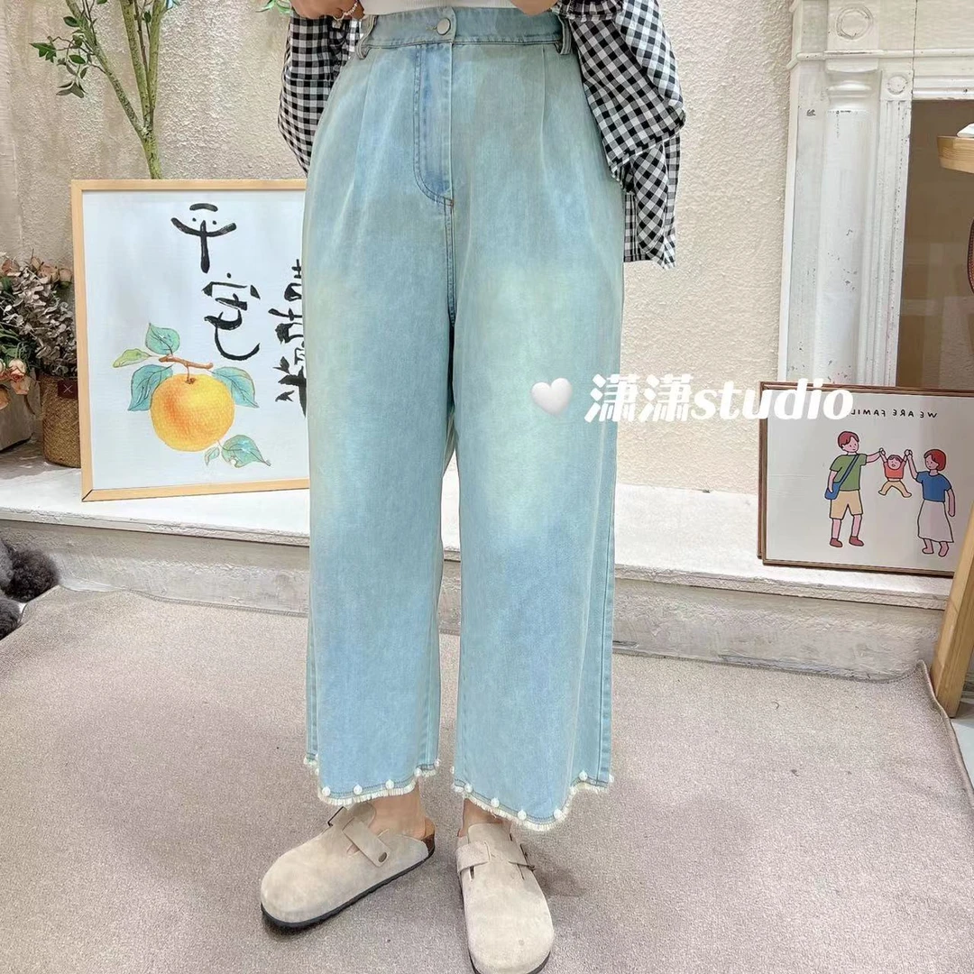 【珍珠裤】后半松紧腰直筒软薄牛仔镶珍珠男友裤XX-L23