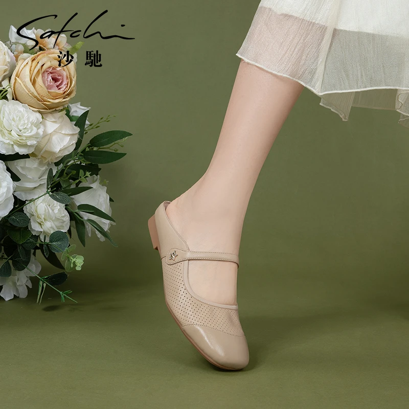 沙驰女鞋包头半拖鞋24年新款舒软懒人外穿穆勒拖鞋一脚蹬凉拖女鞋