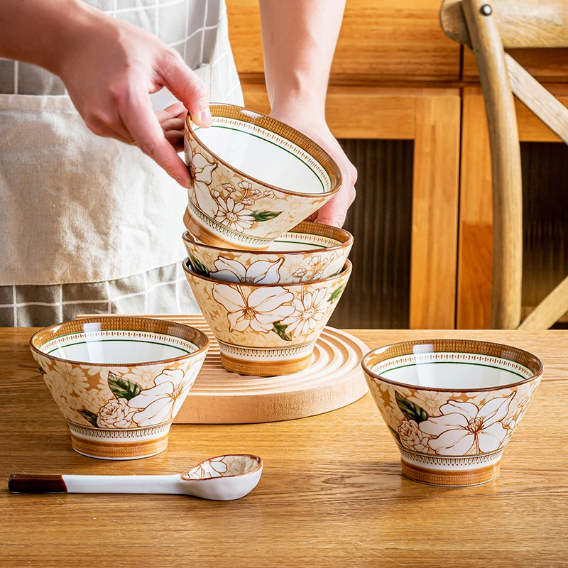山茶花5英寸斗笠碗4碗4勺高温陶瓷餐具家用高颜值北欧风格
