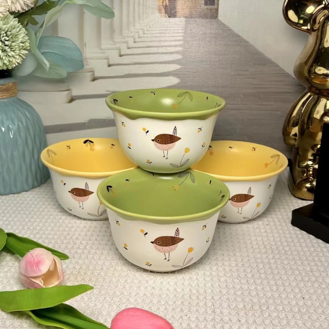 4个装鸟语花香系列5英寸陶瓷米饭碗勺套装耐高温陶瓷餐具