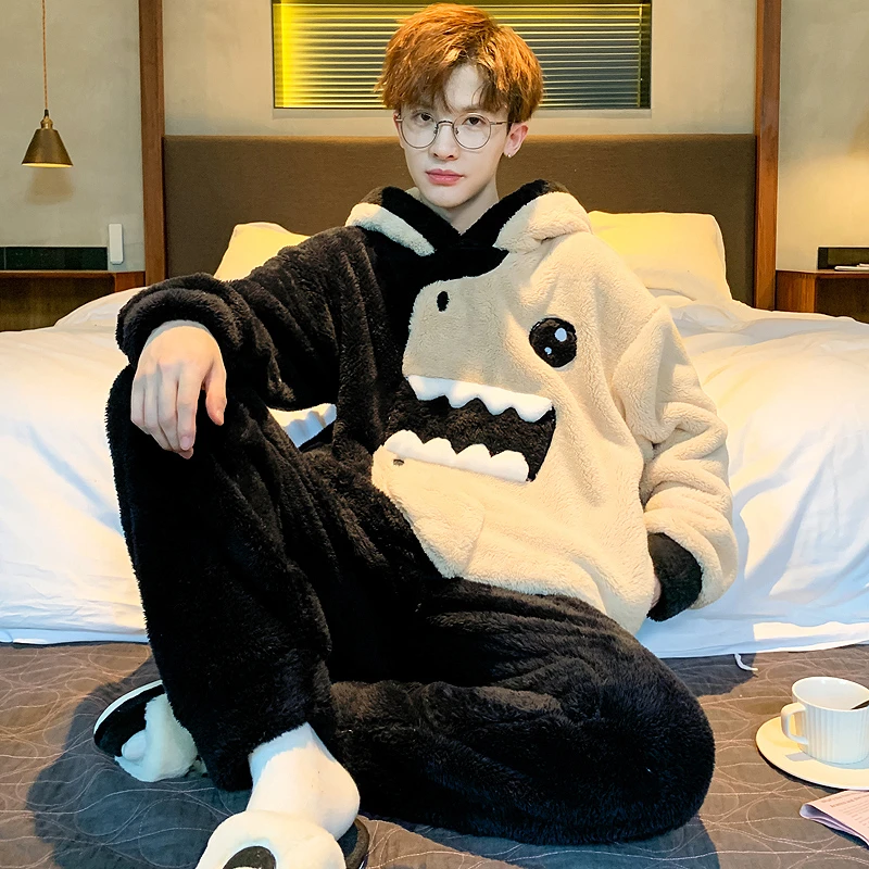 珊瑚绒男士睡衣男秋冬款加绒加厚保暖大码卡通毛绒家居服套装冬季