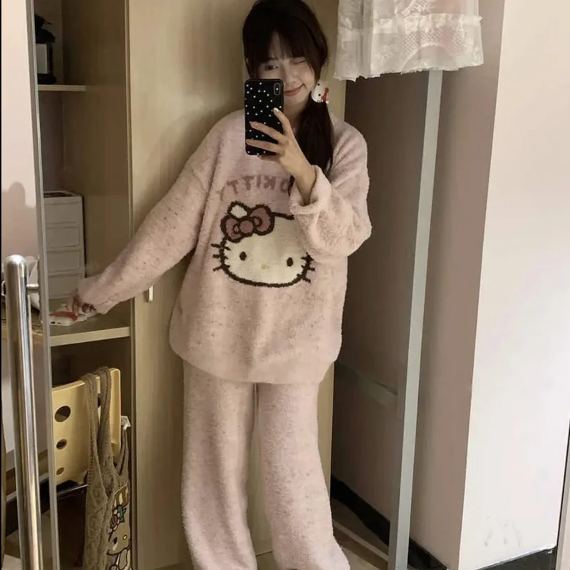 HelloKitty珊瑚绒睡衣女秋冬季2024新款甜美可爱半边绒家居服套装
