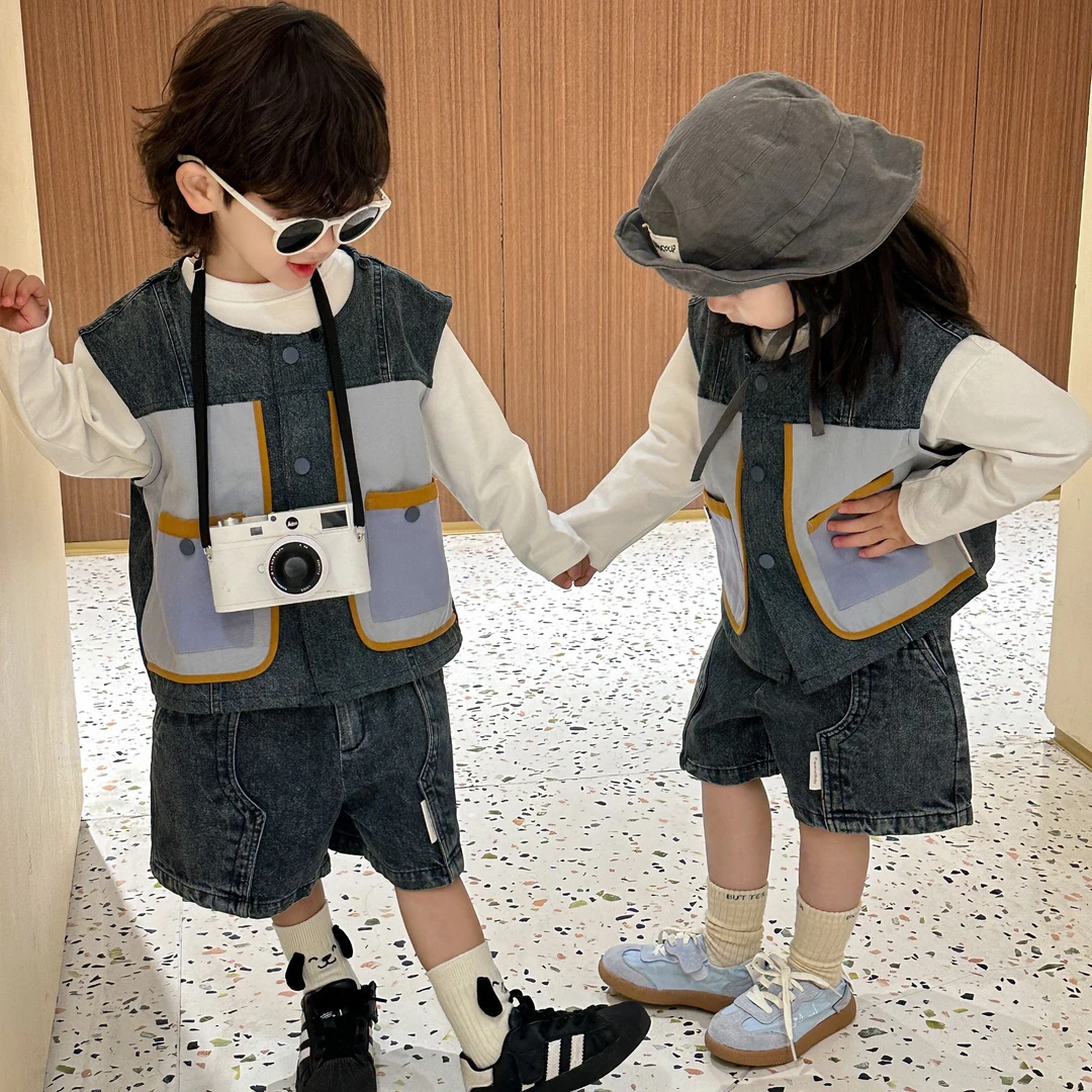 儿童牛仔套装牛仔马甲牛仔短裤男宝女宝撞色拼接牛仔套装夏季牛仔