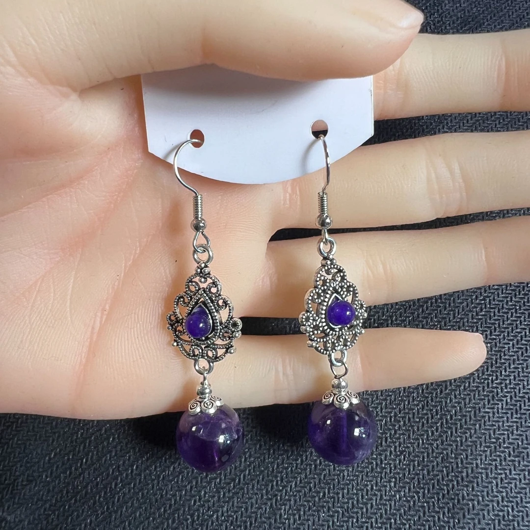 38水晶珠珠长款银耳环紫色精美百搭