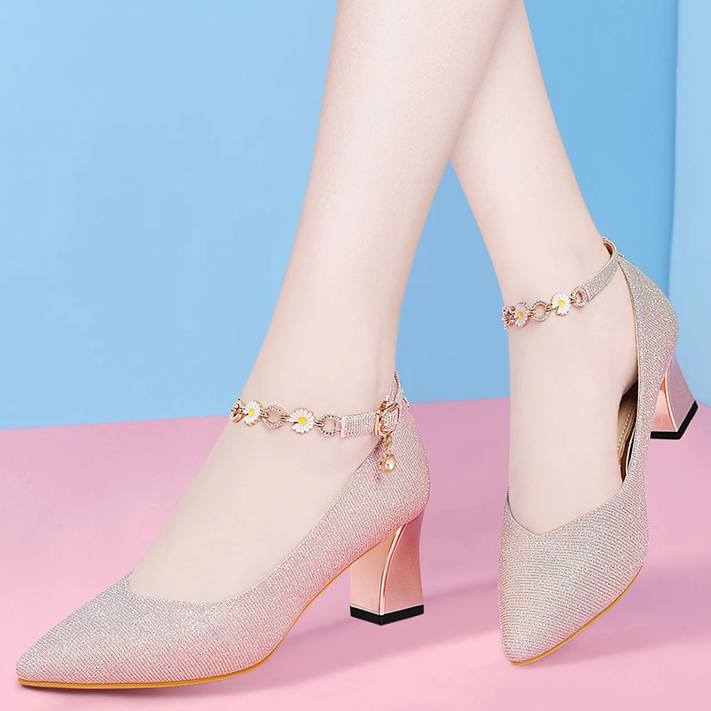 真皮高跟鞋女2025年新款春夏季女鞋百搭中跟皮鞋婚鞋尖头粗跟单鞋