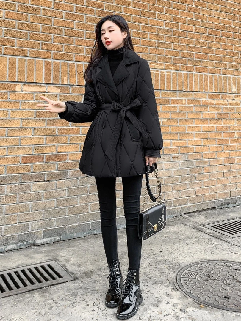 2023新款女装冬修身收腰中长款羽绒衣棉服女黑色显瘦西装领棉服外