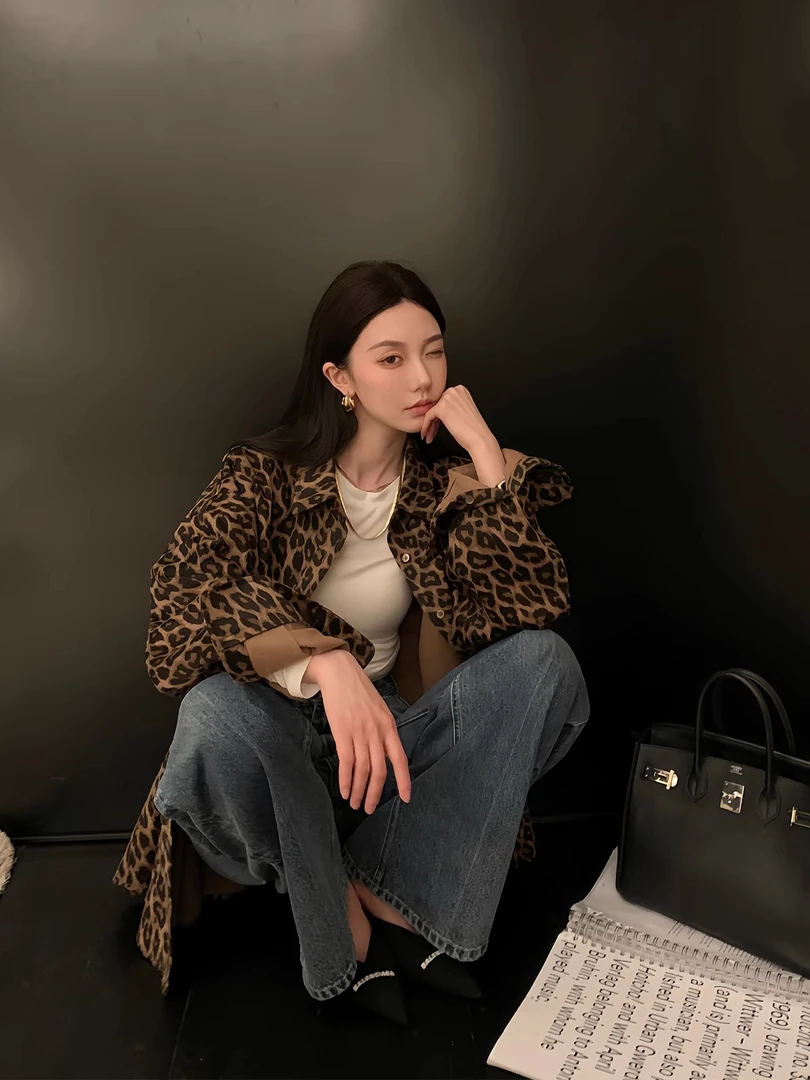 潮流雅痞髙街豹纹衬衫外套女秋季美式复古百搭宽松显瘦休闲上衣