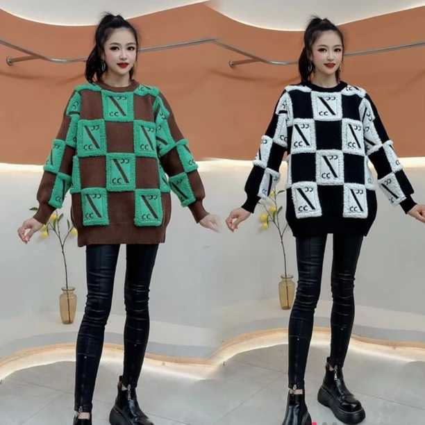 棋盘格毛衣女秋冬设计感新款复古显瘦慵懒风上衣
