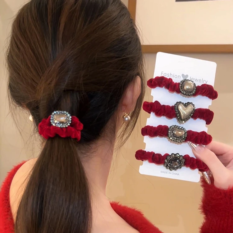 新年红色丝绒头绳女生气质轻奢水钻爱心发绳高弹力加粗发圈橡皮筋