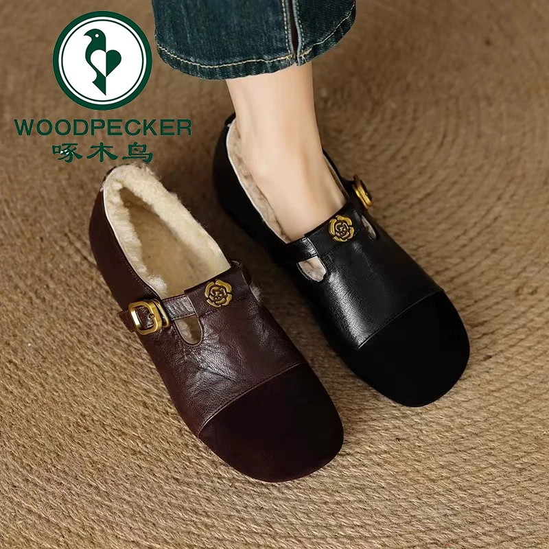 啄木鸟复古软皮山茶花玛丽珍小皮鞋2025年冬季圆头加绒毛毛鞋棉鞋