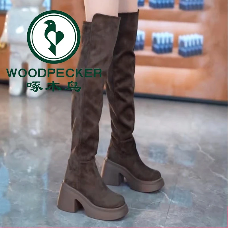 啄木鸟防水台厚底增高弹力靴女2025秋冬新款磨砂过膝长靴子瘦瘦靴