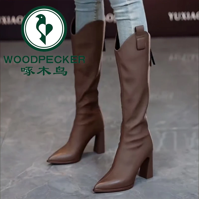 啄木鸟8cm长筒靴女不过膝粗跟骑士靴2025秋冬新款尖头高跟瘦瘦靴