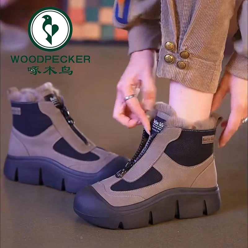 啄木鸟加绒棉鞋雪地靴女2025年冬季新款厚底高帮鞋软底侧拉链短靴