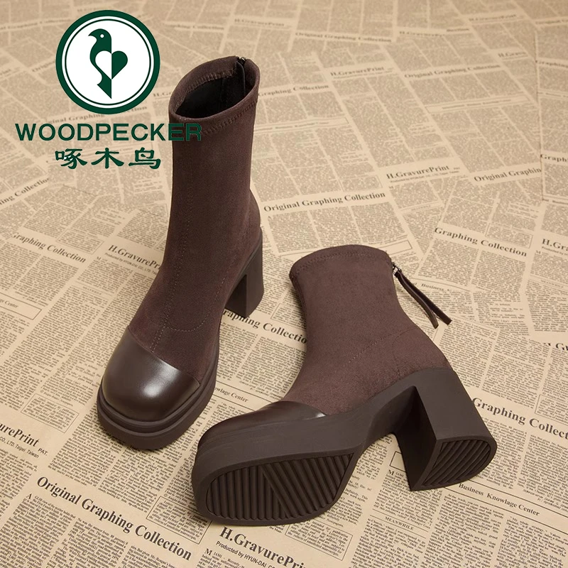 啄木鸟防水台厚底瘦瘦靴子弹力靴袜靴2025秋冬时尚短靴粗跟高跟鞋