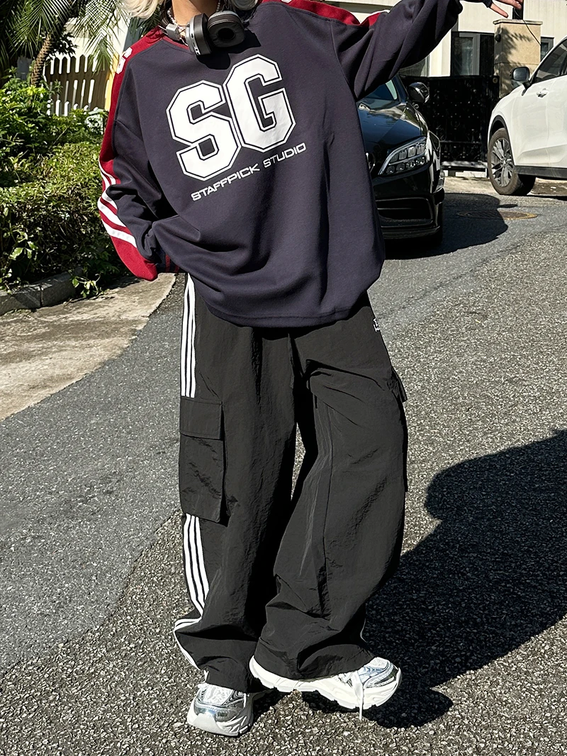 Sixminu 秋美式重磅速干裤拼接工装裤女三杠直筒裤男女潮情侣裤子