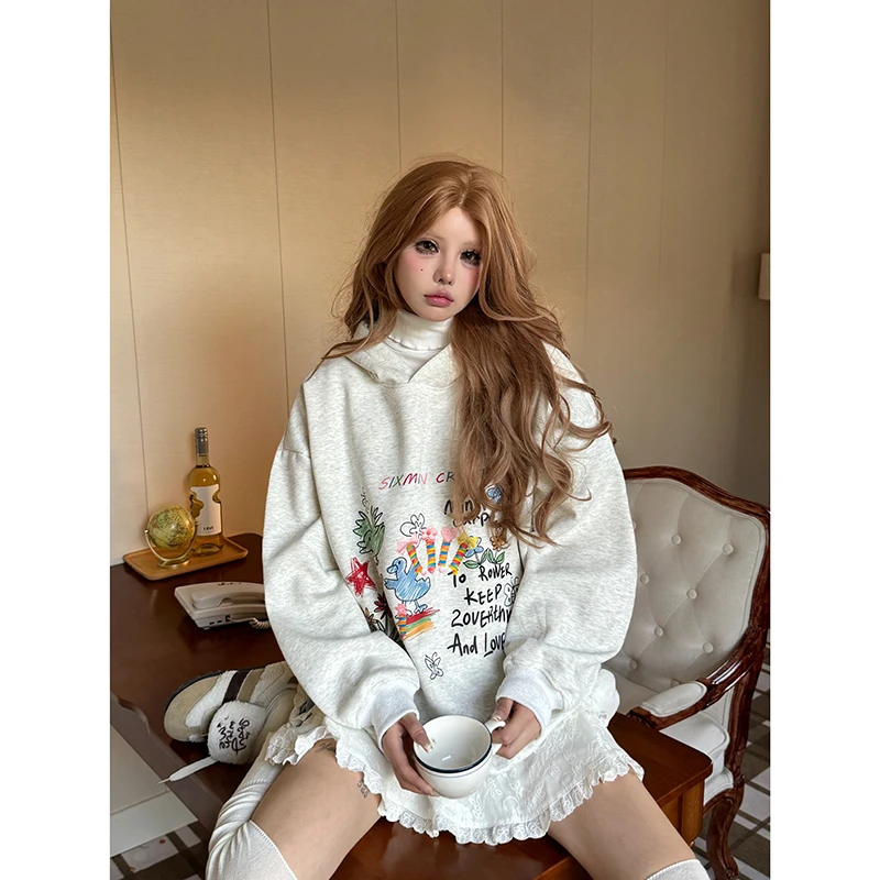 Sixminu小蚊子美式休闲上衣宽松彩绘涂鸦卫衣女重磅显白情侣帽衫