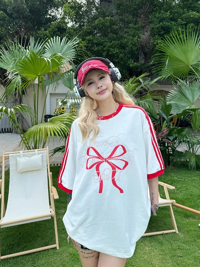 Sixminu小蚊子2024美式潮牌拼色三杠红色女拼接字母印花蝴蝶结T恤