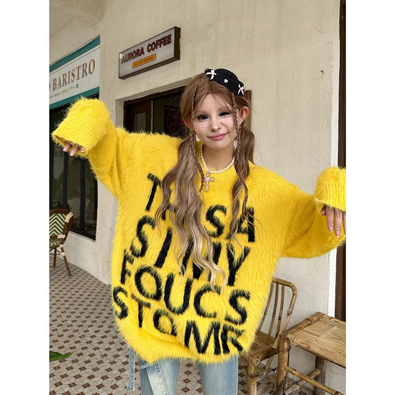 2024美式复古马海毛字母毛衣情侣宽松秋冬慵懒百搭休闲针织衫上衣