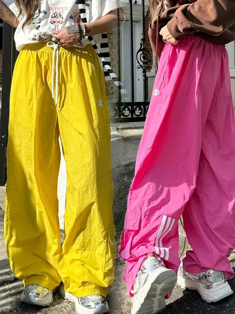 Sixminu小蚊子宽松街头美式拼接工装裤女粉色直筒裤三杠休闲裤潮