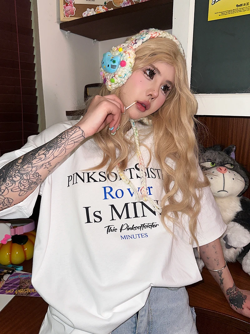 Sixminu2024原创春夏字母印花圆领短袖T恤纯棉情侣休闲宽松上衣潮