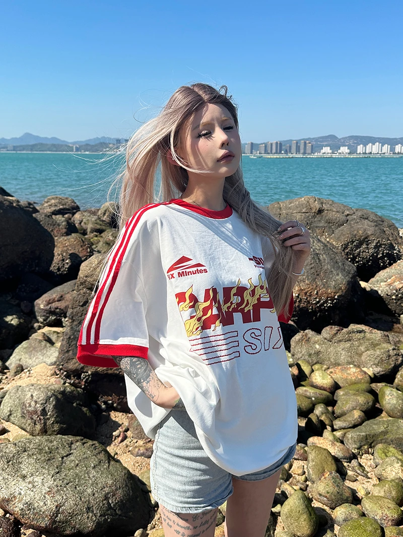 ins美式复古短袖T恤女设计感oversize三杠设计半袖圆领纯棉上衣