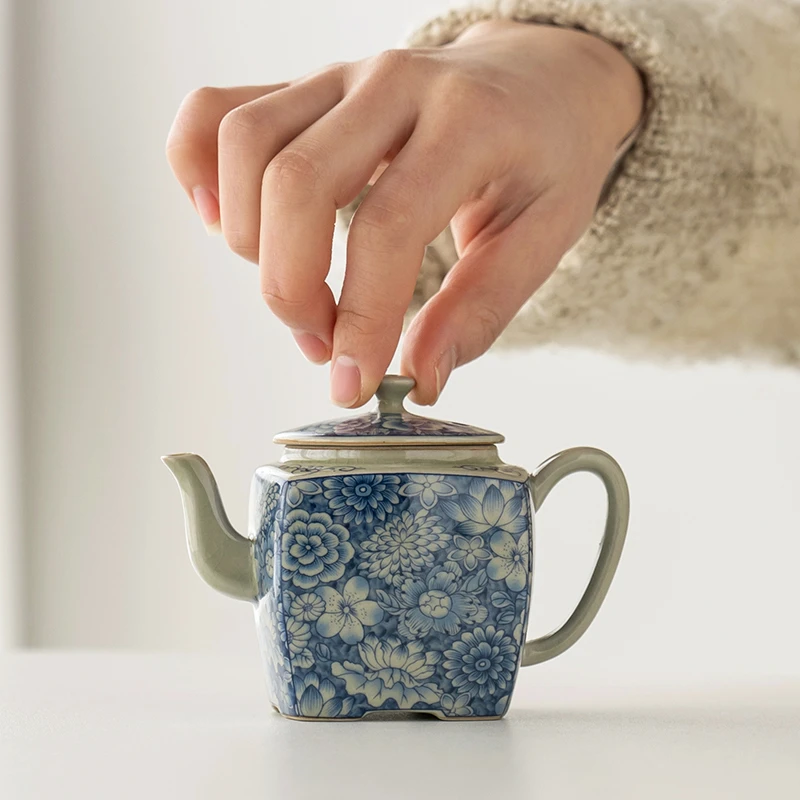 老泥料青花茶壶中式复古陶瓷四方泡茶壶大容量家用喝茶功夫茶具