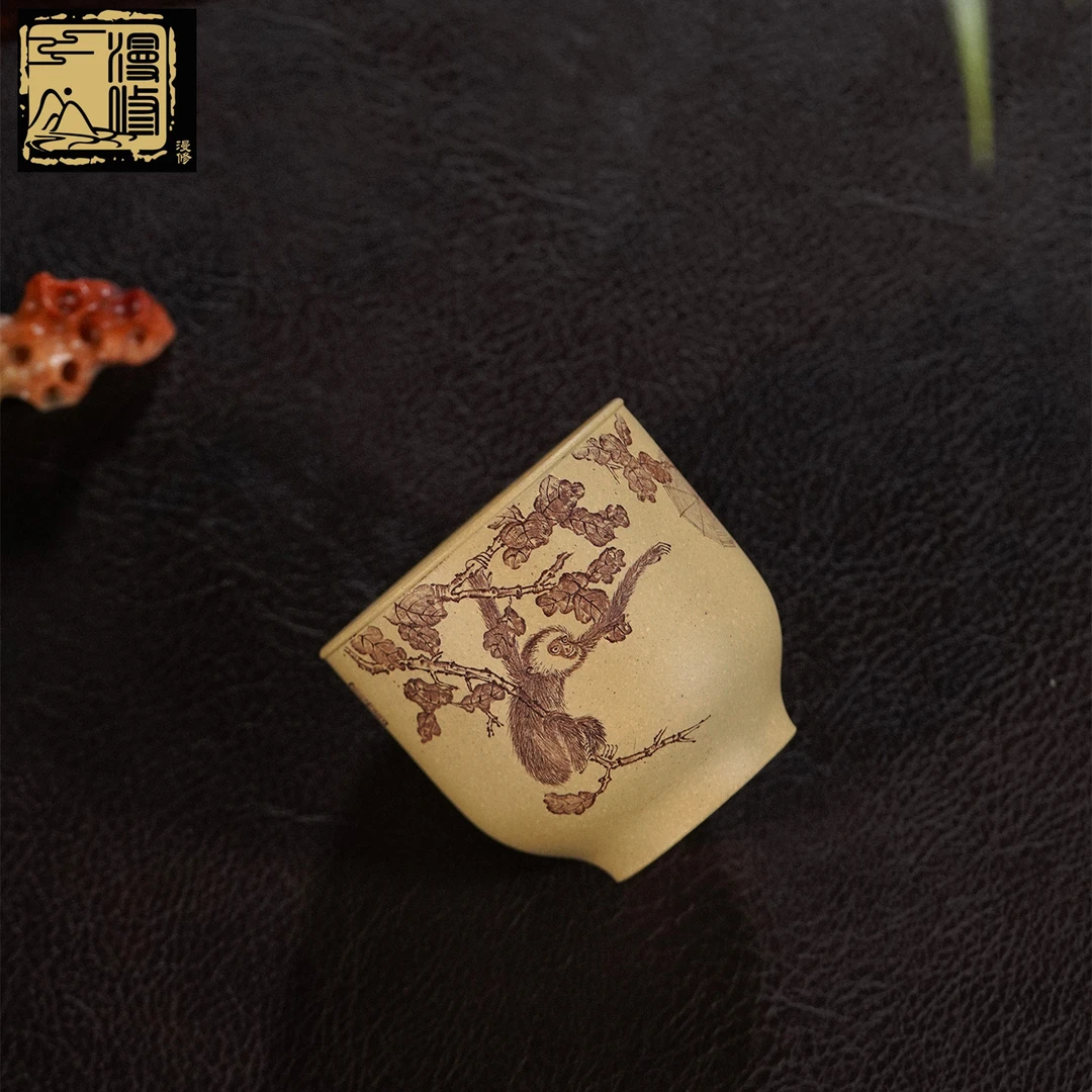 漫修本绿福在眼前杯高端手工刻绘闻香杯礼品杯