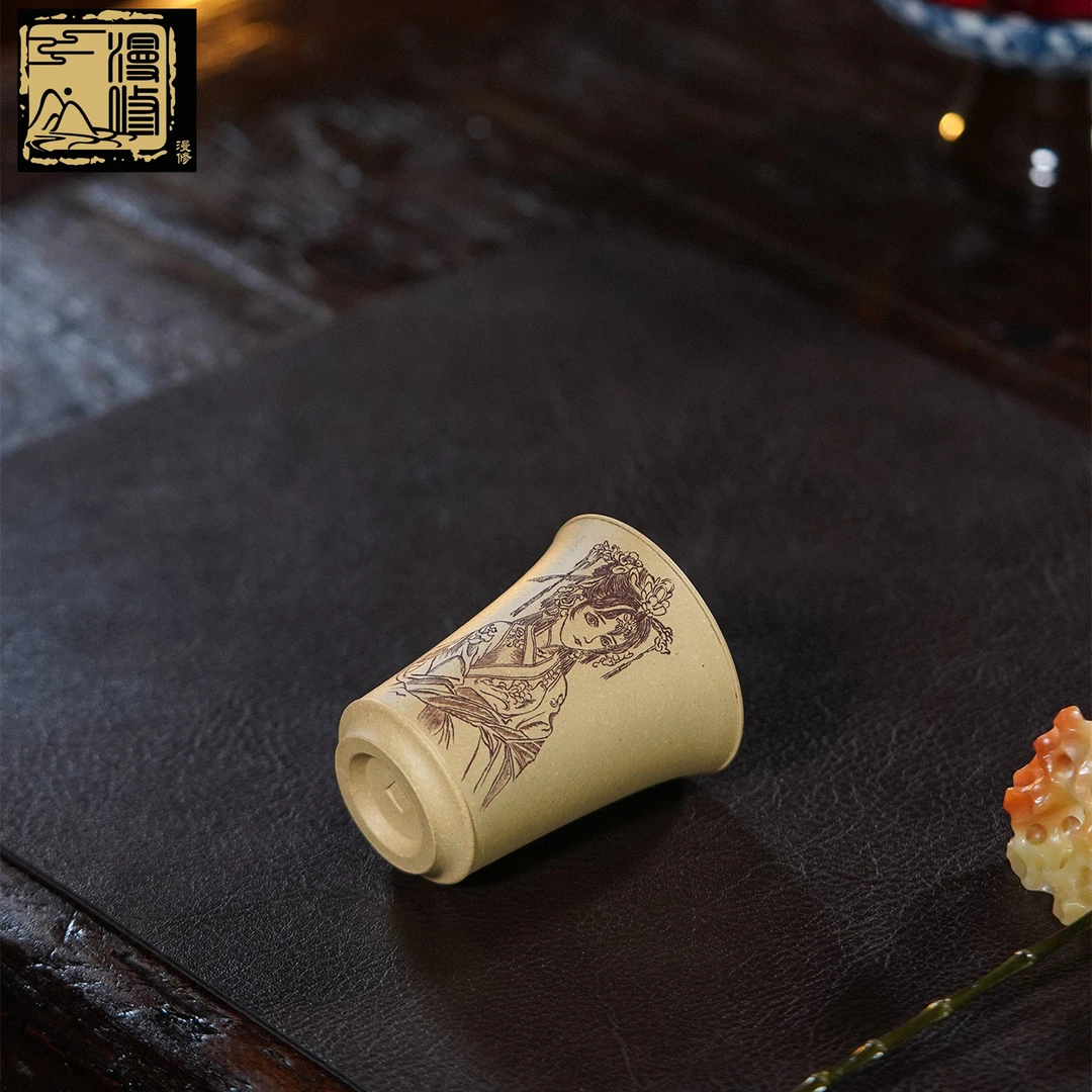 漫修本绿美人杯高端手工刻绘闻香杯礼品杯