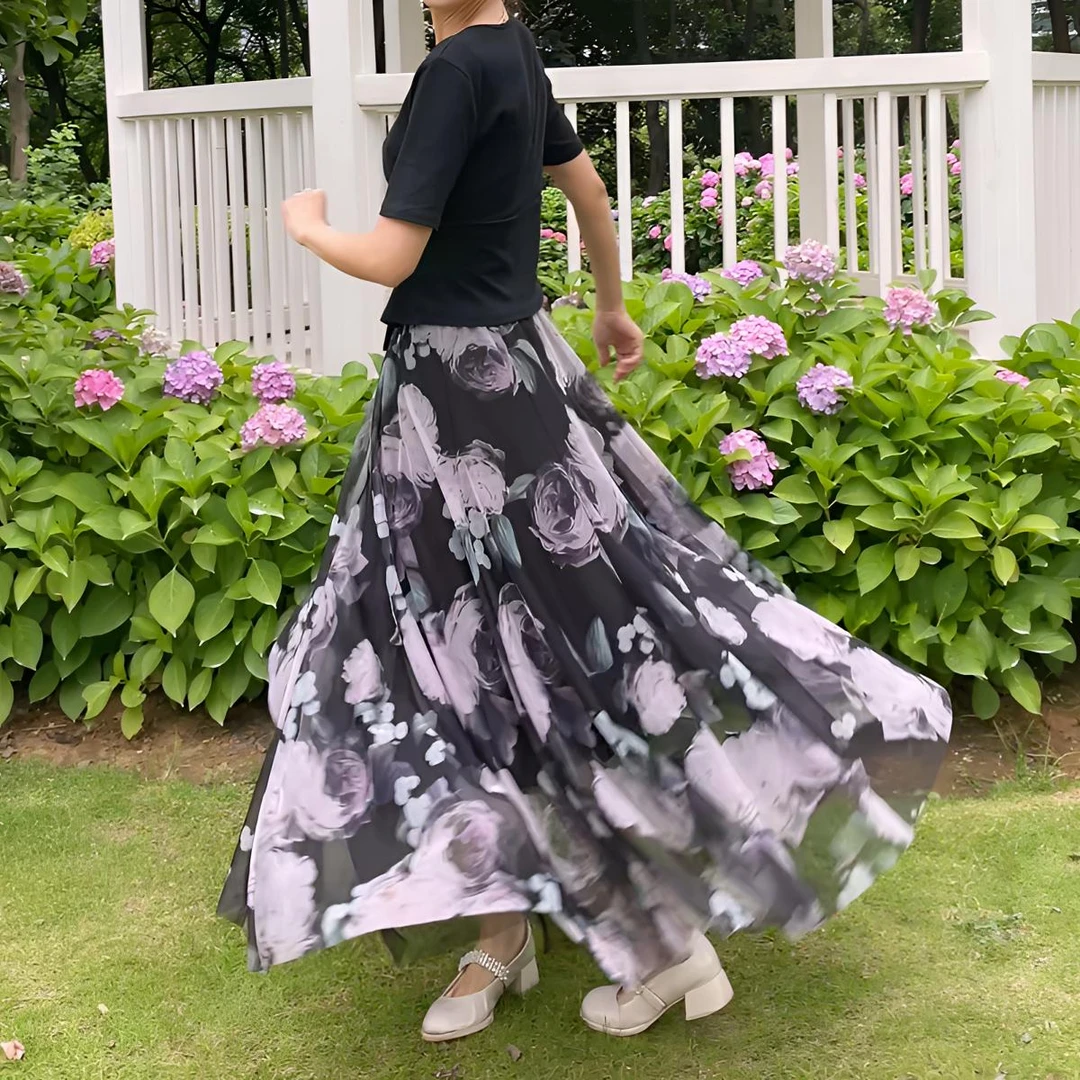 薄款高端印花纱裙半身裙女春夏2025新款百褶裙网纱大摆长裙子