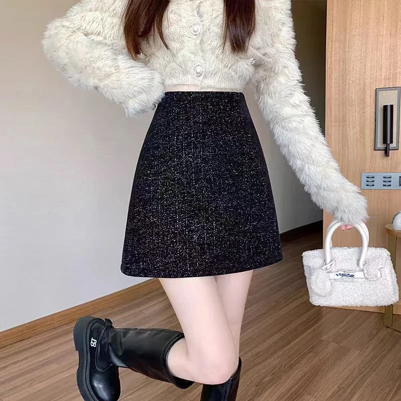 小香风半身裙女2025秋冬新款高腰显瘦小个子A字裙亮丝亮闪闪短裙