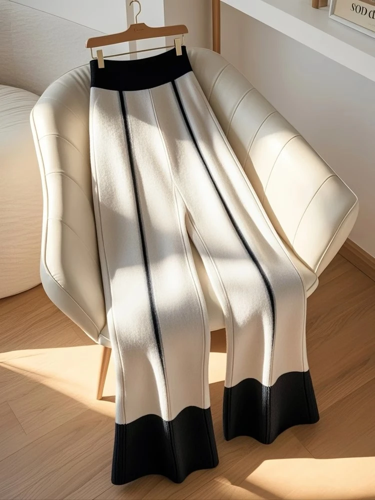 2024冬季高腰显瘦个性时尚百搭黑白撞色加绒遮胯阔腿高级感长裤女