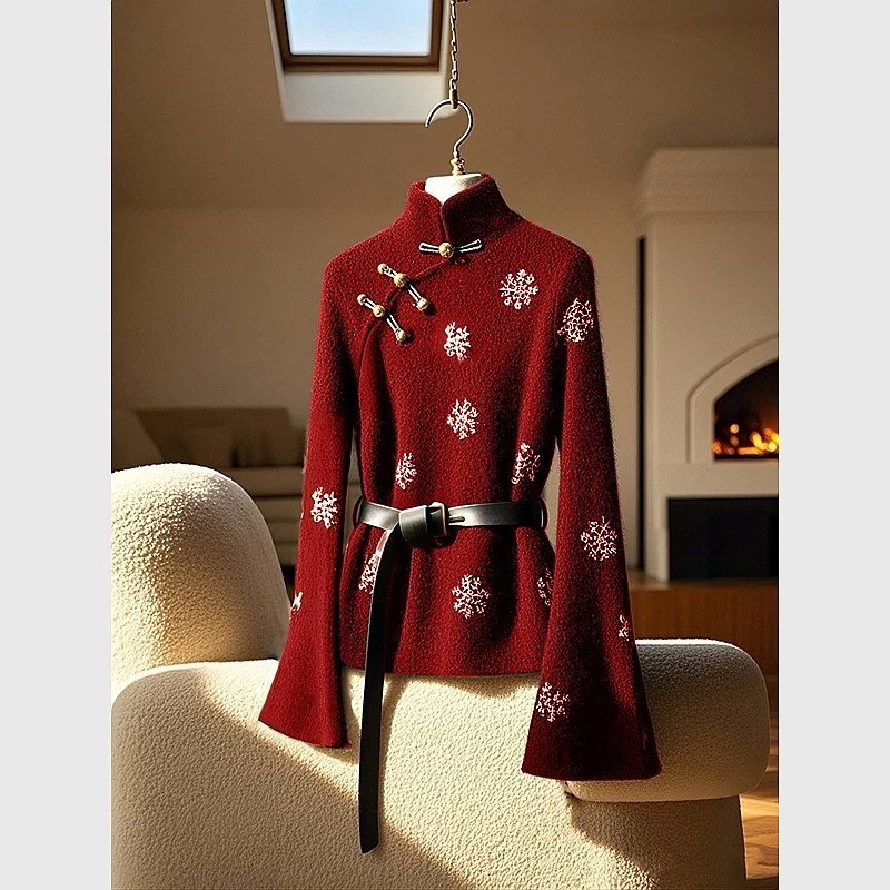 新中式国风盘扣收腰显瘦新年红色毛衣女秋冬高级感气质别致针织衫