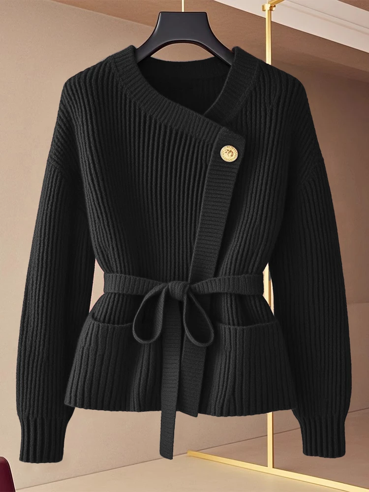 初秋韩系今年流行的漂亮设计感小众高级感超好看慵懒风黑色毛衣