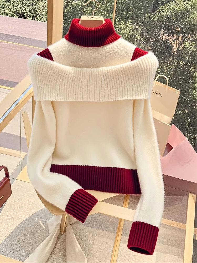 2024冬季小众别致设计气质高级杏色拼接毛衣百搭减龄撞色爆款上衣