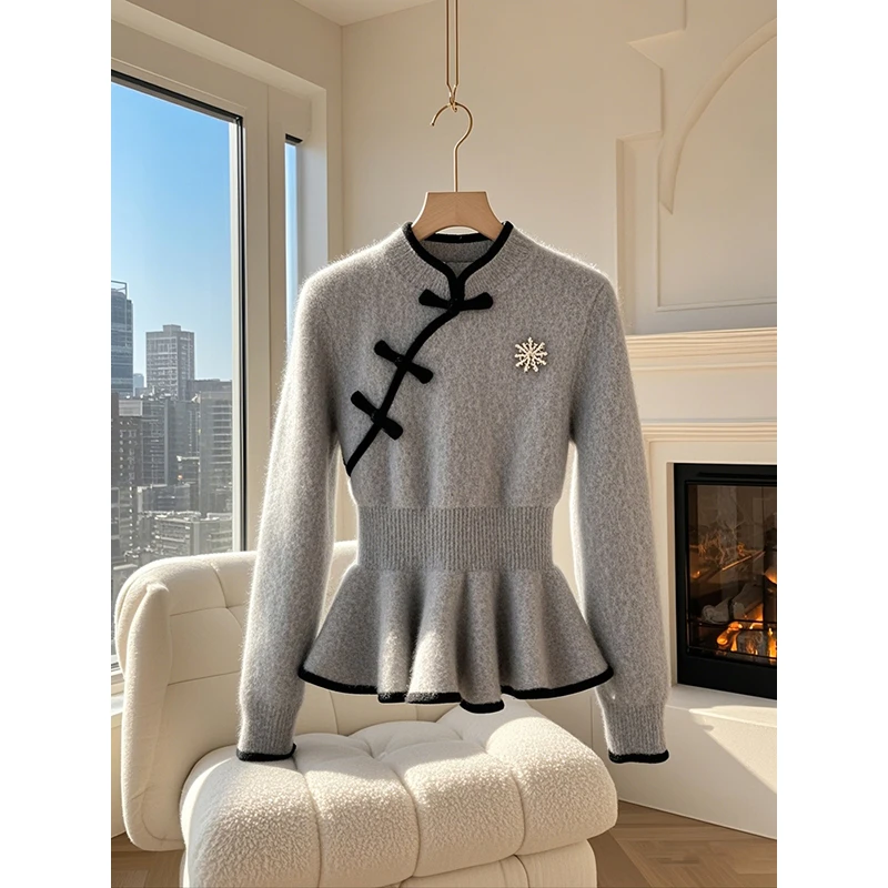 新中式女装国风灰色收腰厚毛衣2024冬季斜襟盘扣内搭打底针织上衣