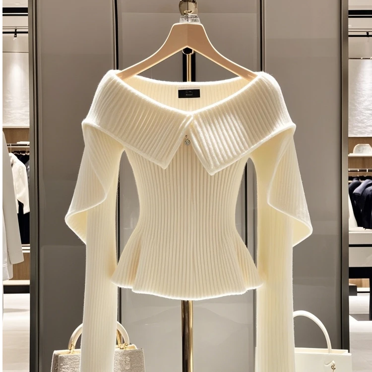 白色毛衣女2024新款高级设计感小众气质高端小香风收腰针织上衣冬
