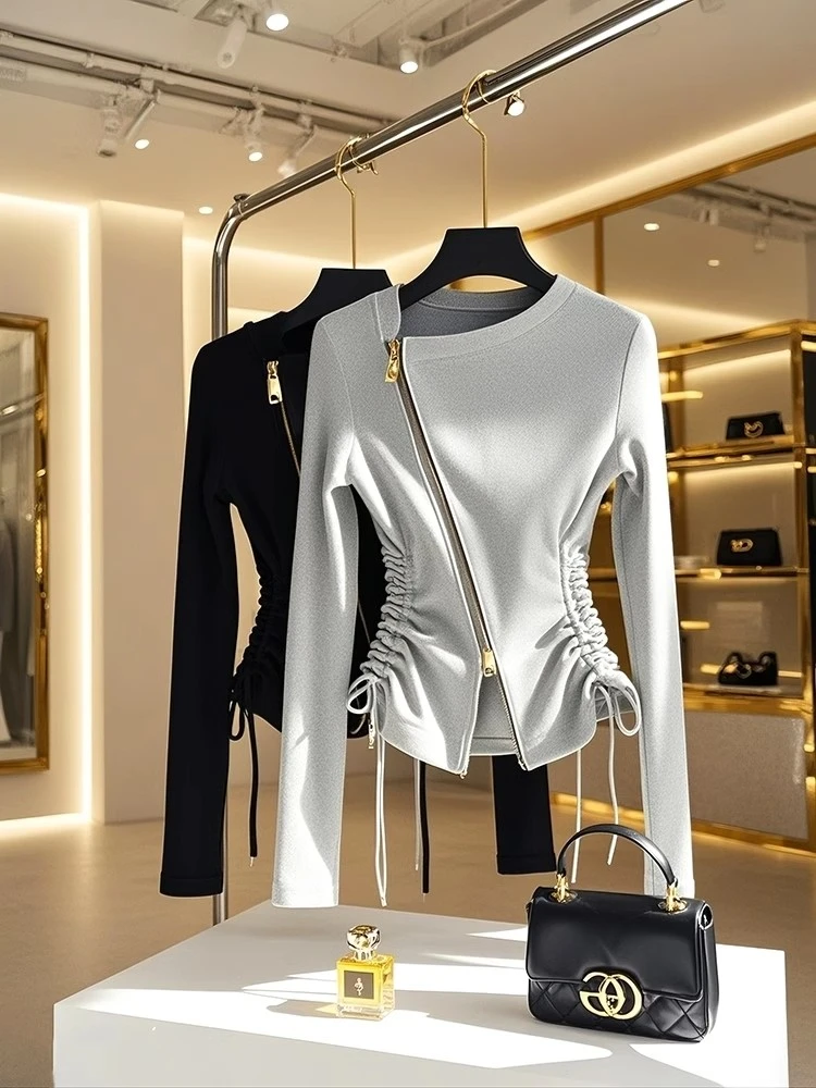 小众不撞款灰色斜拉链卫衣外套女款2024冬季抽绳收腰显瘦内搭上衣