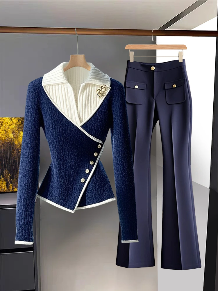 2024冬季新款奶fufu慵懒内搭蓝色假两件毛衣搭配长裤气质两件套