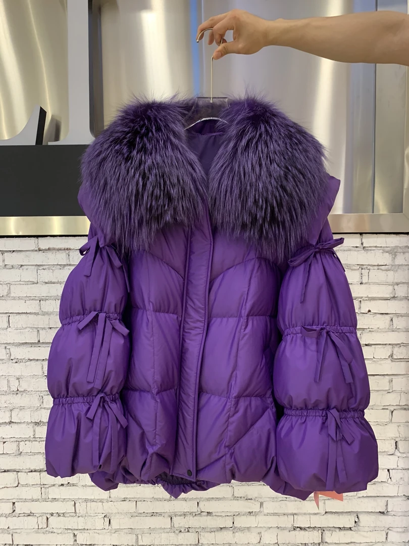 2024年冬季新款大毛领长袖蝴蝶结百搭款紫色保暖加厚棉服外套女