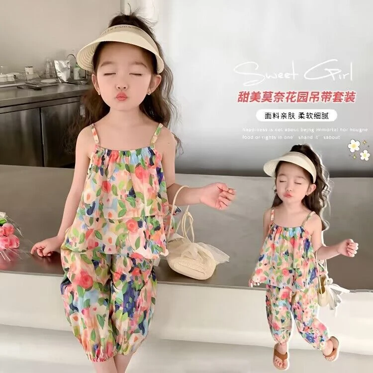 女童夏季新款吊带套装八分裤女宝宝韩版休闲莫奈花园碎花两件套
