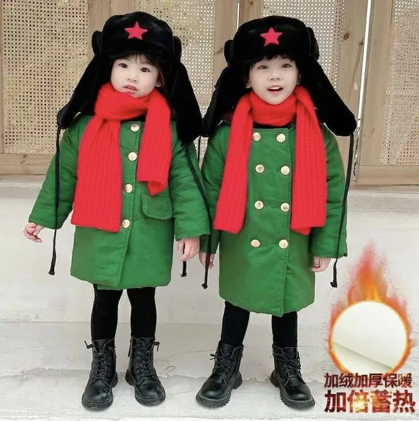 儿童冬季新款棉服加绒加厚网红宝宝加棉军绿大衣保暖洋气
