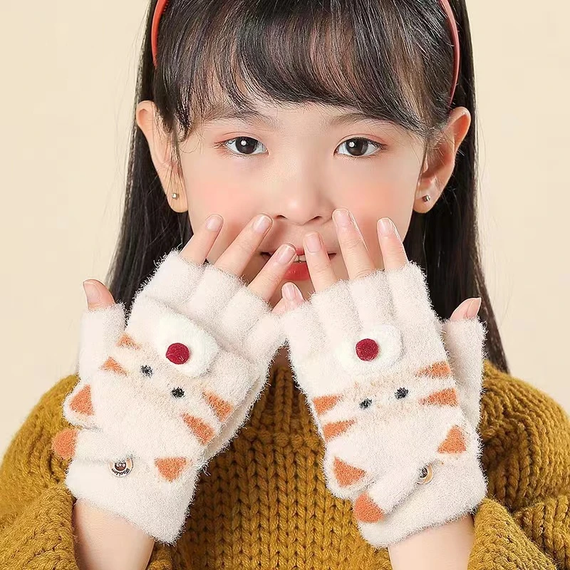 儿童翻盖手套可爱卡通小老虎保暖针织小学生写字半指男生小孩手套