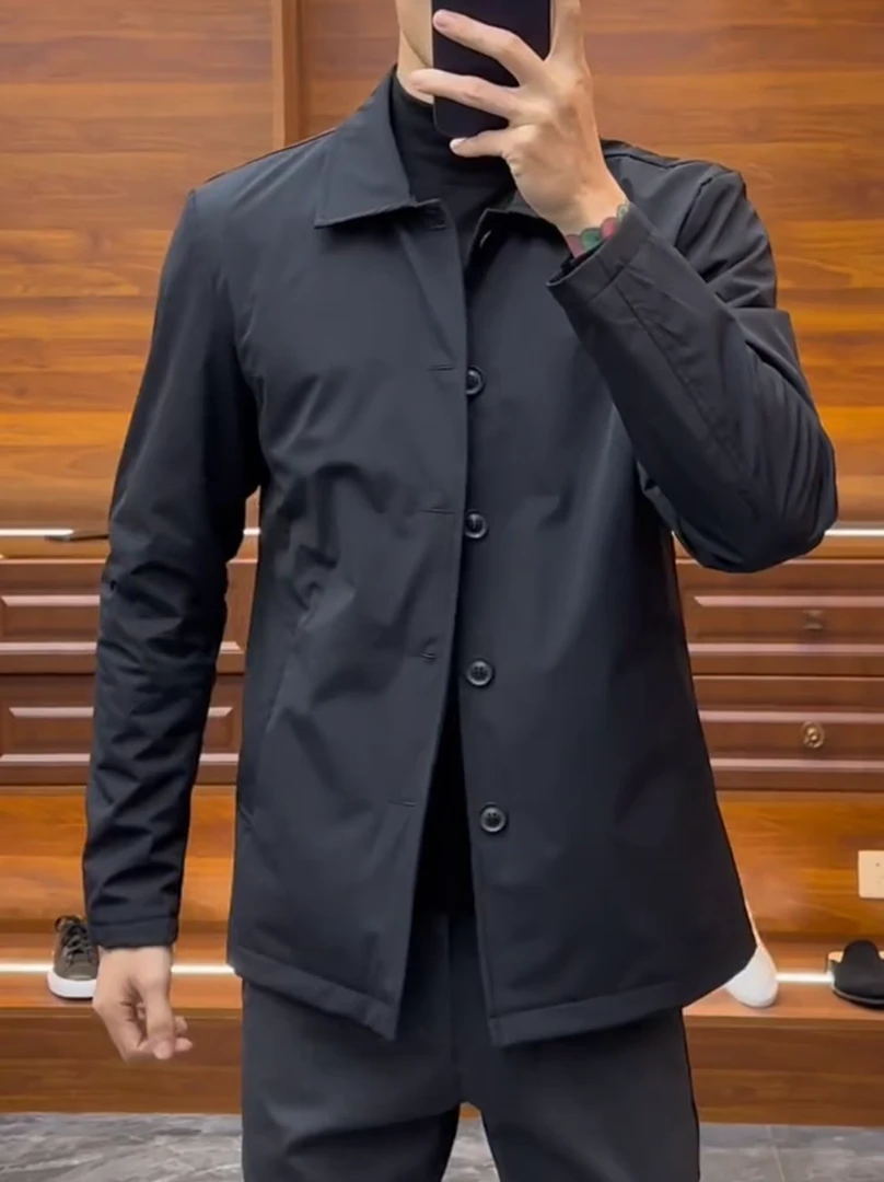 春秋新款翻领男外套男士纯色行政夹克男上衣修身商务褂子男装青年