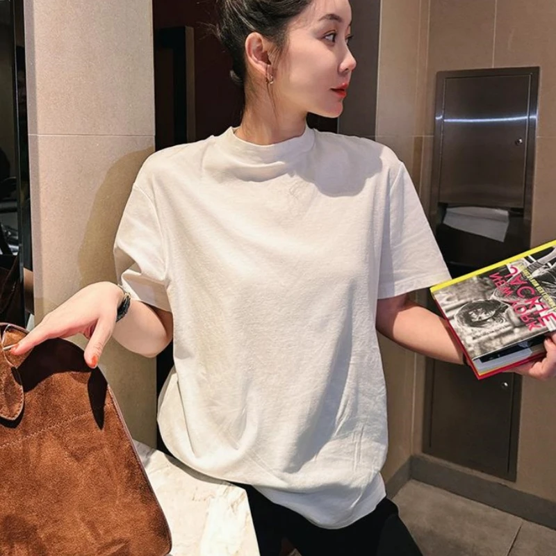 专柜捡漏~春夏新款简约半高领短袖t恤女上衣秋百搭宽松显瘦打底衫