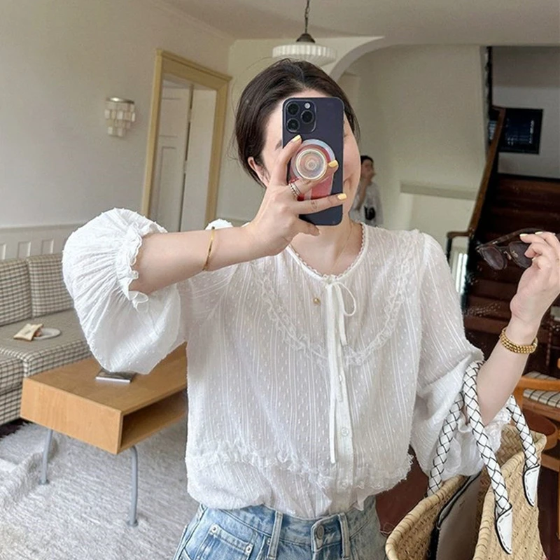 春秋2025新款蕾丝拼接花边领长袖衬衫女高级提花今年流行漂亮小衫