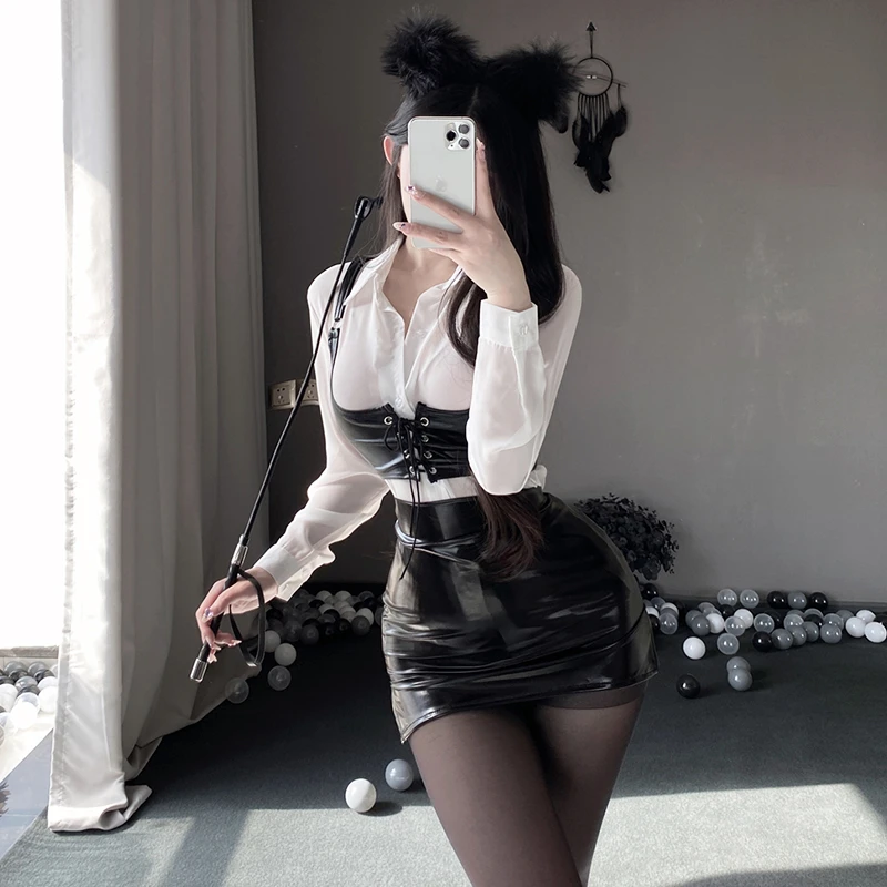性感辣妹秘书OL制服小皮裙纯欲风包臀腰封辣短收腰修身衬衫套装